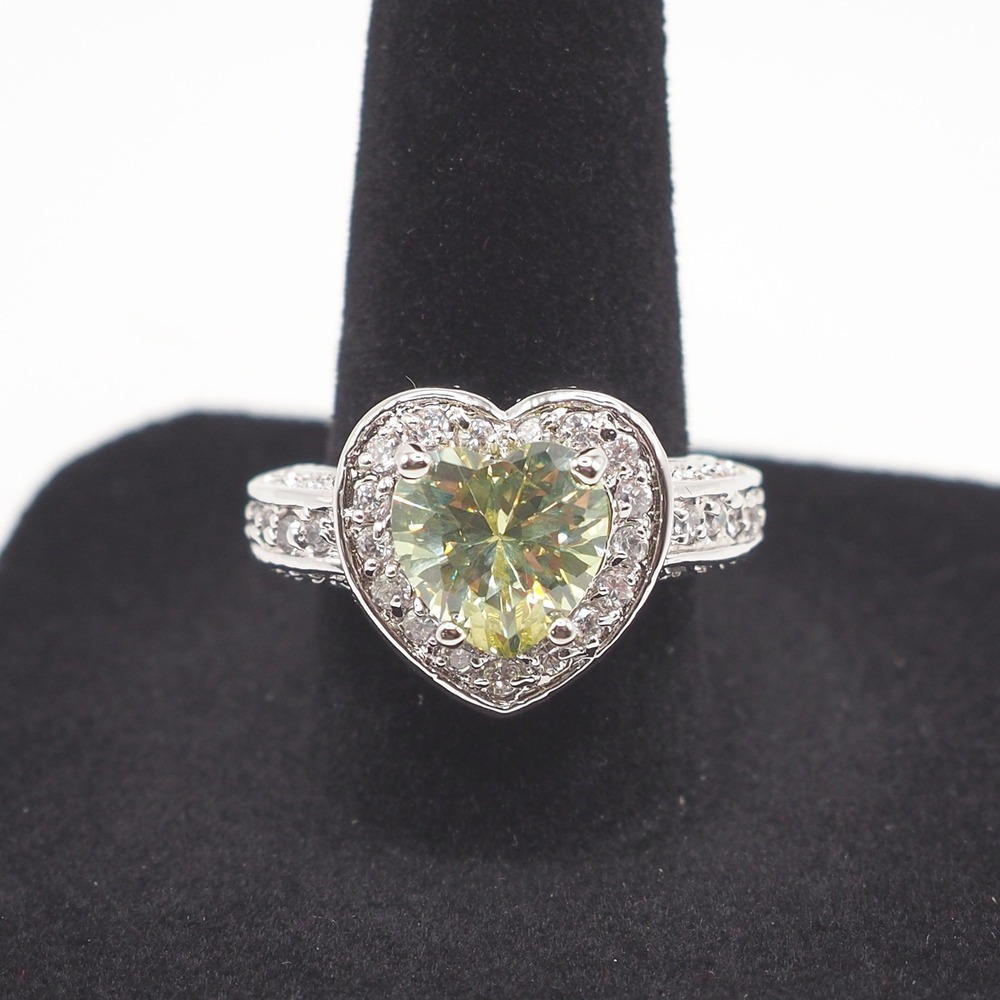 Heart Cut Yellow Stone Halo Cocktail Ring 7 Silver Tone Pave Accents Statement